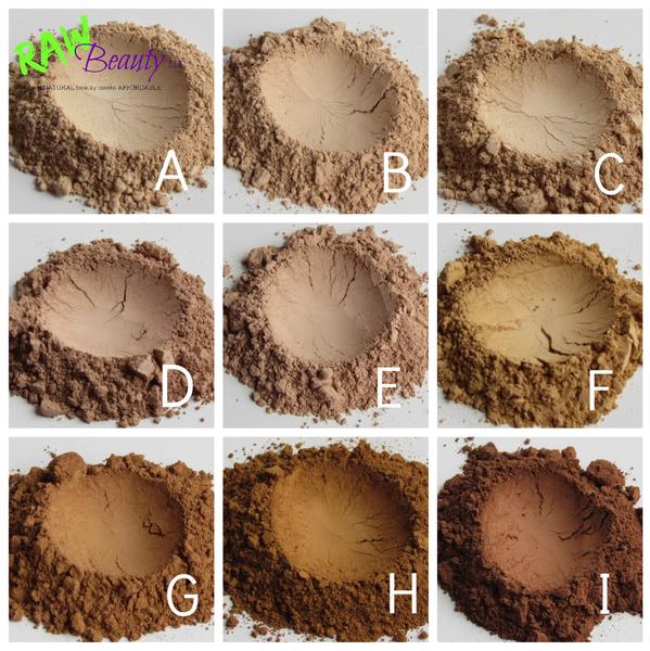 raw beauty minerals natural foundation powder in nine beautiful shades from light pale to dark