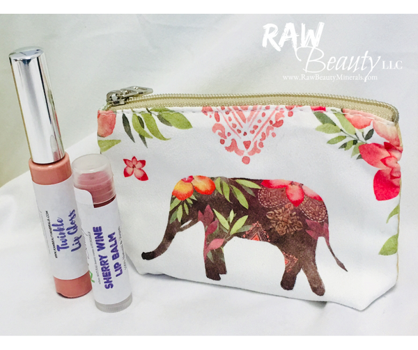 mini zipper pouch white with elephant and pretty pink flowers